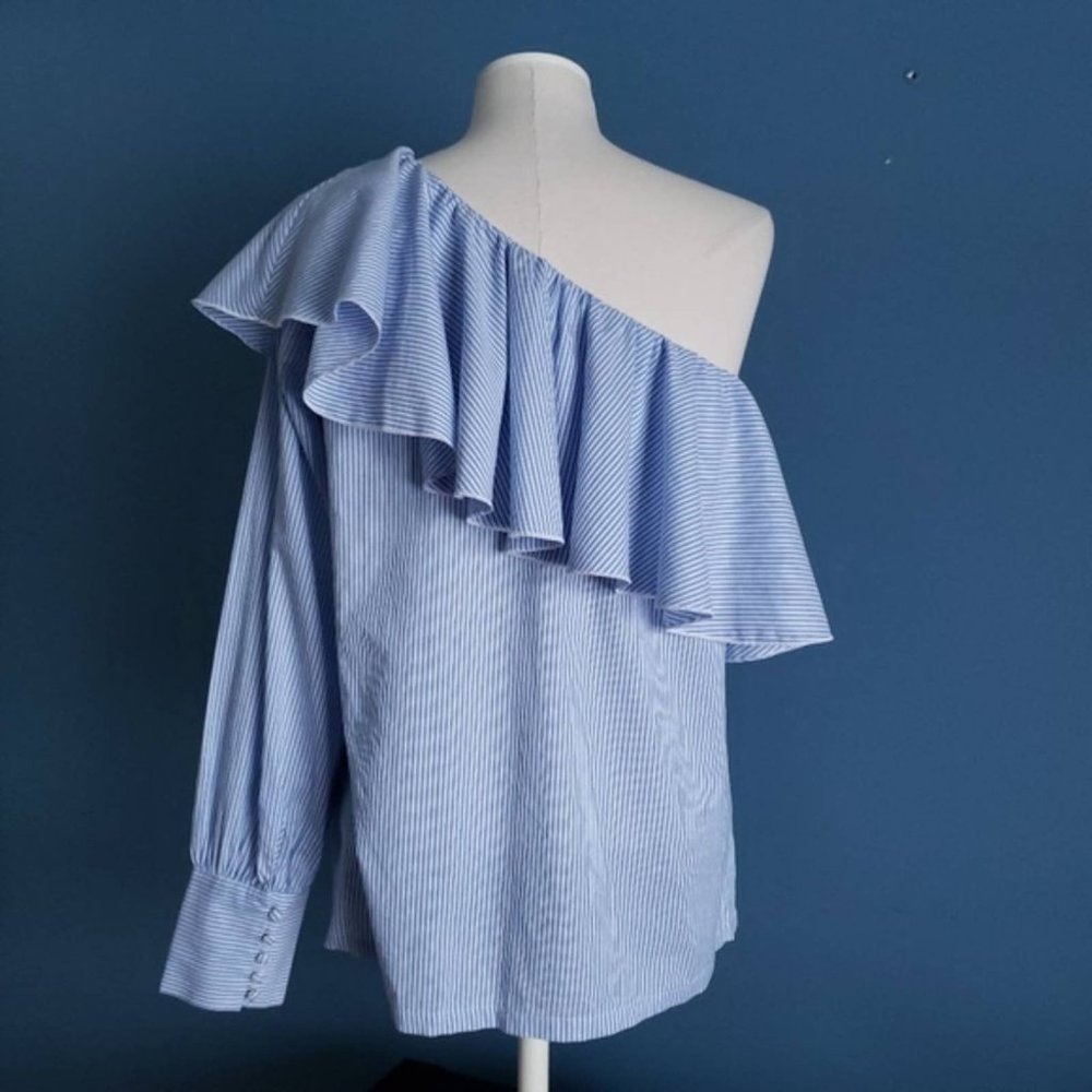 LOFT Railroad Striped Ruffle One Shoulder Top - Picture 3 of 7